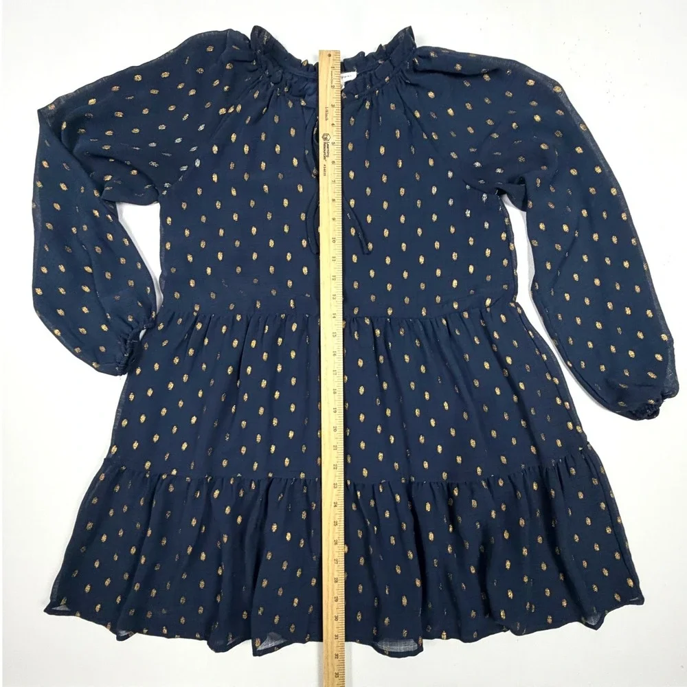 Blu Pepper Navy Blue Gold Metallic Foil Clip Dot Tiered Mini Dress Womens Medium